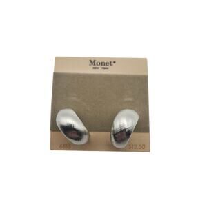 Vintage Monet Retro Silver Tone Textured Clip On Huggie Dome Earrings Card